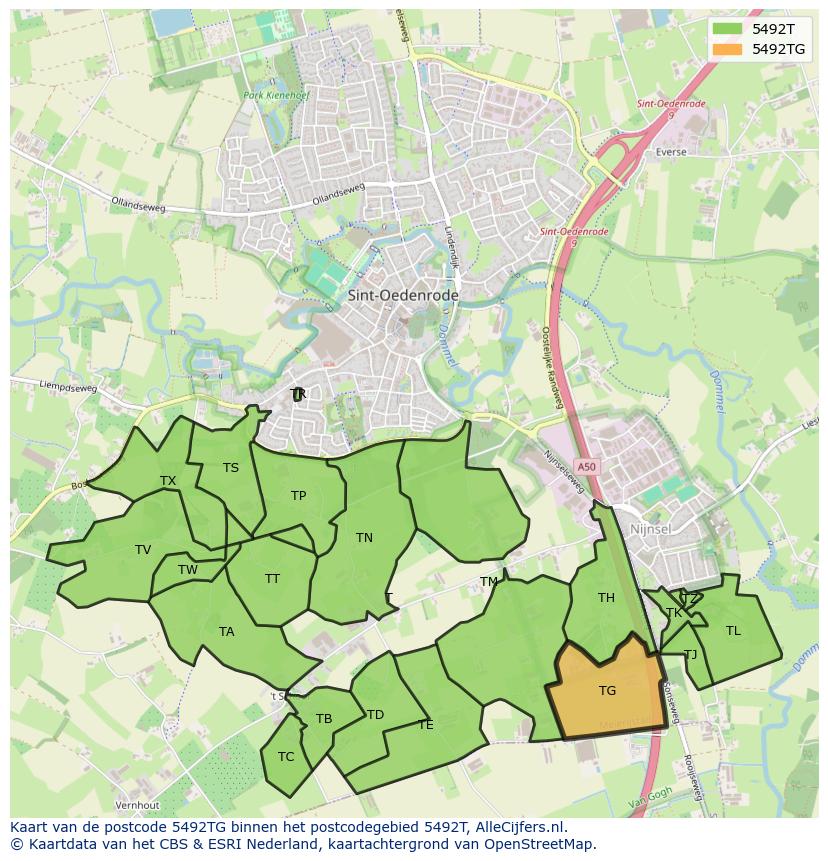 Afbeelding van het postcodegebied 5492 TG op de kaart.