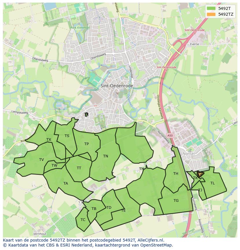 Afbeelding van het postcodegebied 5492 TZ op de kaart.