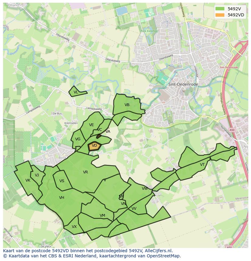 Afbeelding van het postcodegebied 5492 VD op de kaart.