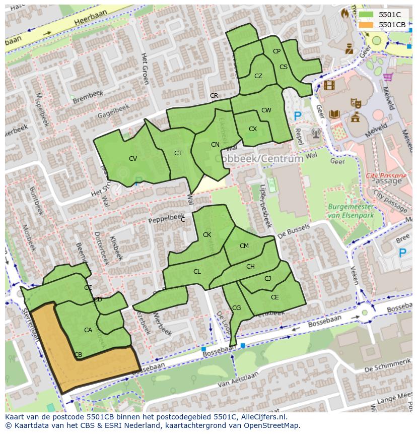 Afbeelding van het postcodegebied 5501 CB op de kaart.
