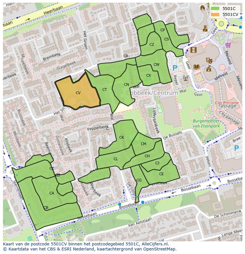 Afbeelding van het postcodegebied 5501 CV op de kaart.