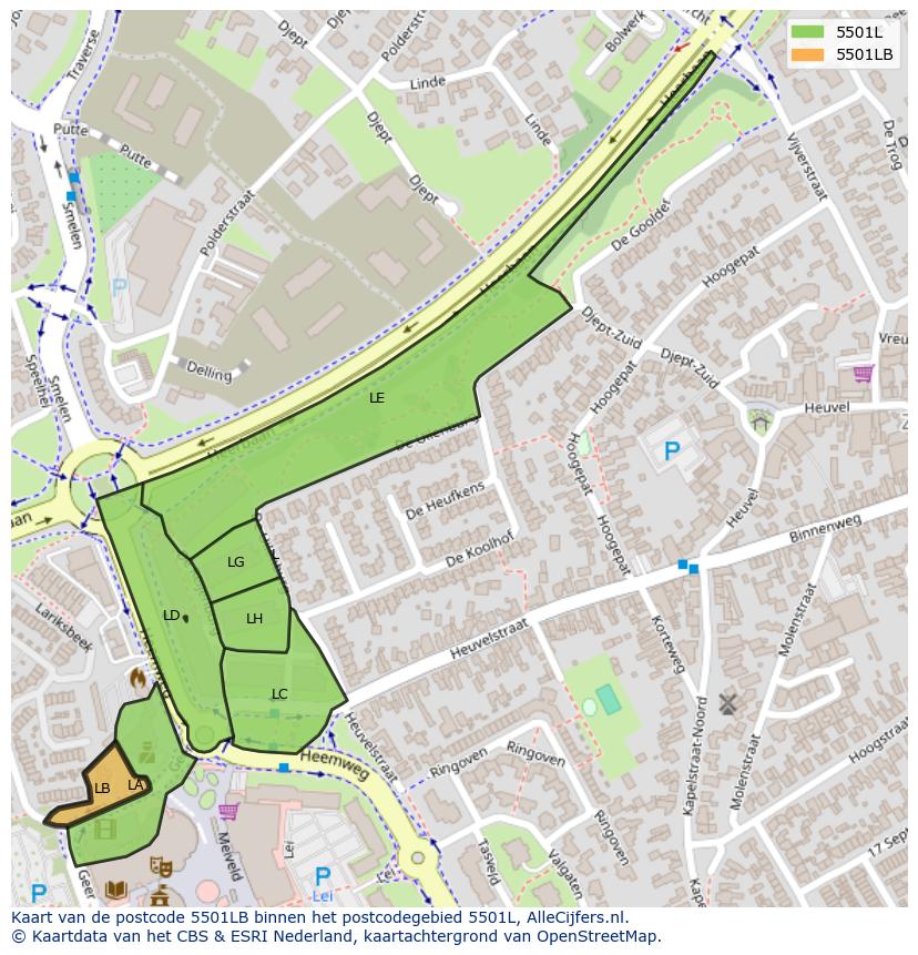 Afbeelding van het postcodegebied 5501 LB op de kaart.