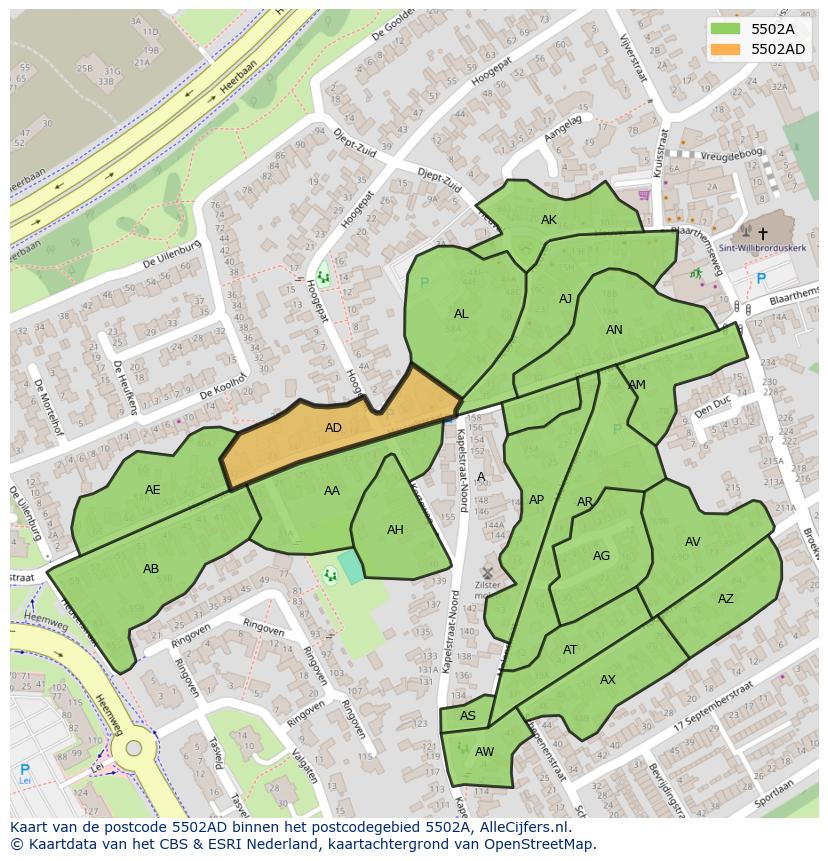 Afbeelding van het postcodegebied 5502 AD op de kaart.