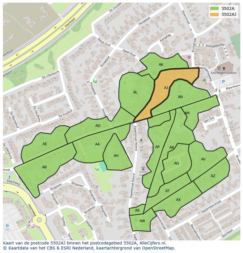 Afbeelding van het postcodegebied 5502 AJ op de kaart.
