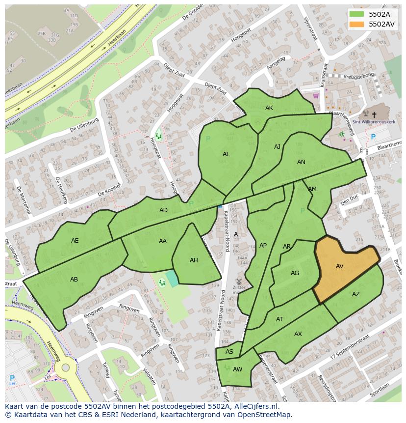 Afbeelding van het postcodegebied 5502 AV op de kaart.