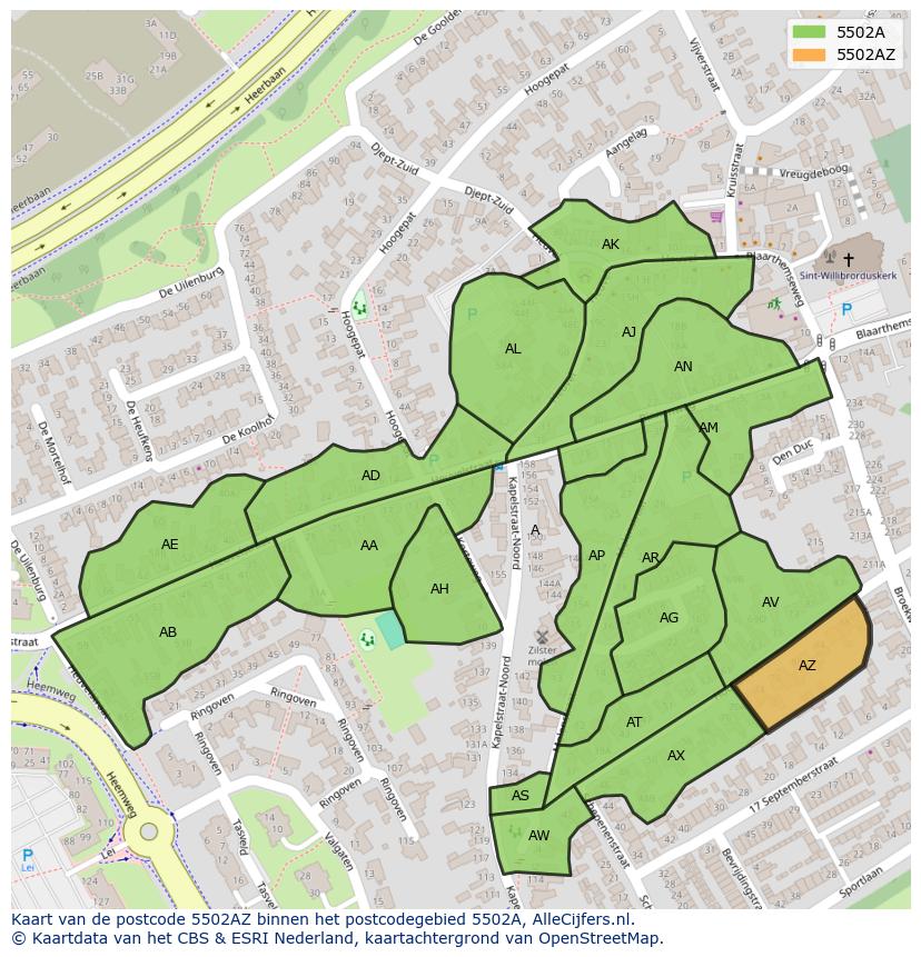 Afbeelding van het postcodegebied 5502 AZ op de kaart.