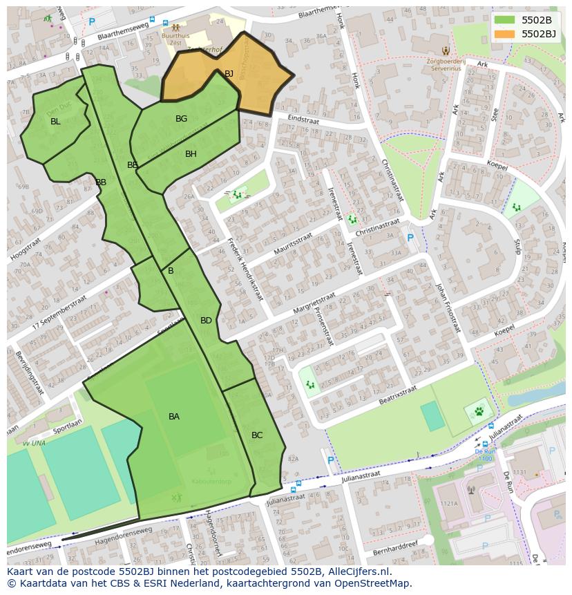 Afbeelding van het postcodegebied 5502 BJ op de kaart.