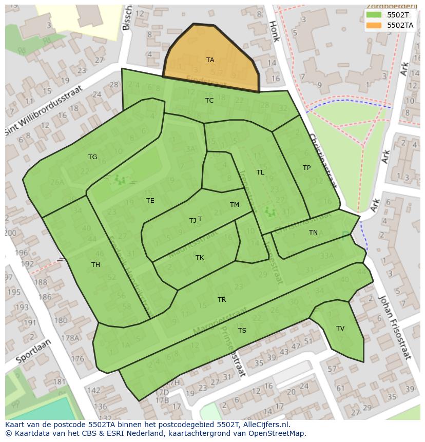 Afbeelding van het postcodegebied 5502 TA op de kaart.