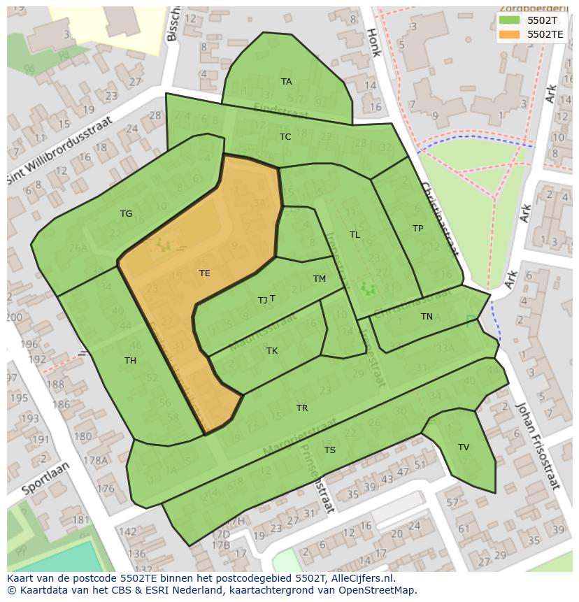 Afbeelding van het postcodegebied 5502 TE op de kaart.