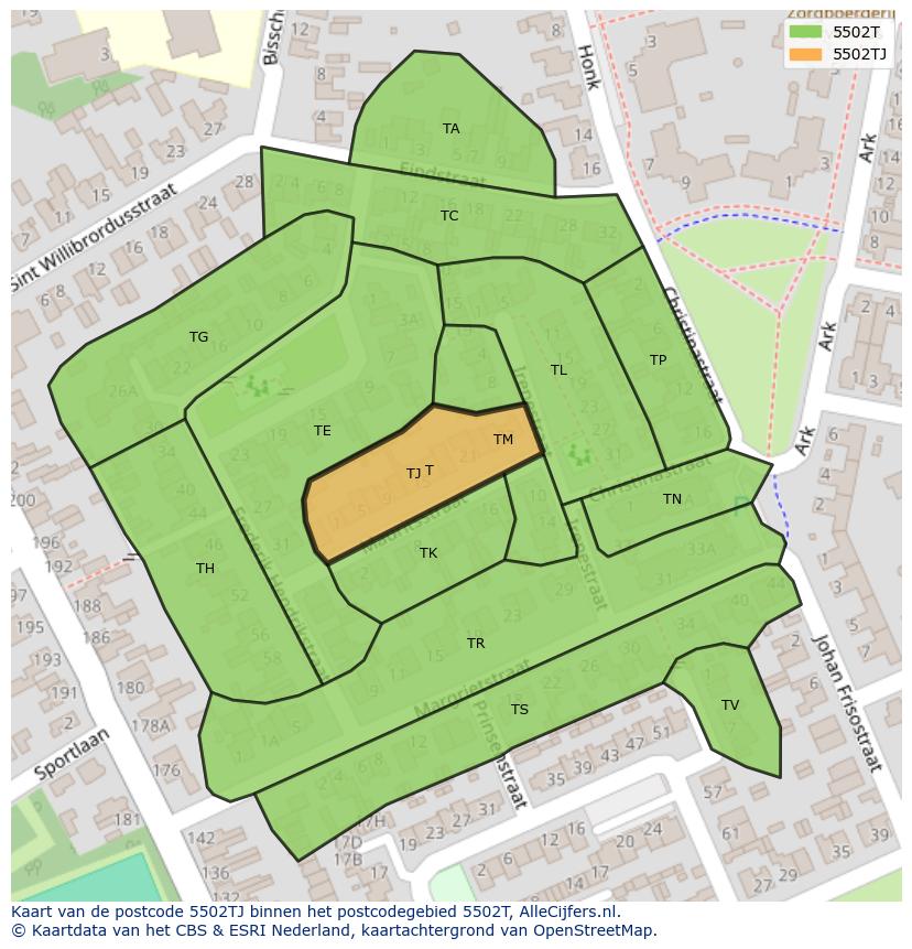 Afbeelding van het postcodegebied 5502 TJ op de kaart.