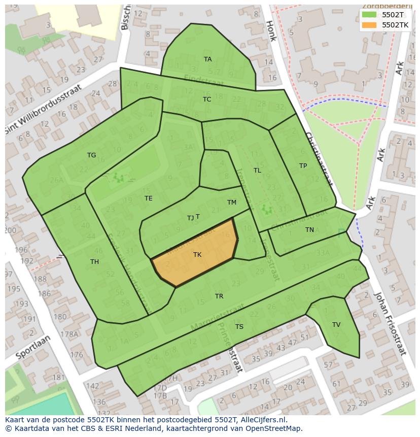 Afbeelding van het postcodegebied 5502 TK op de kaart.