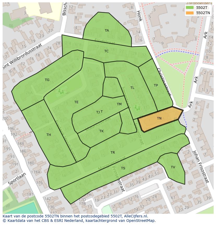 Afbeelding van het postcodegebied 5502 TN op de kaart.