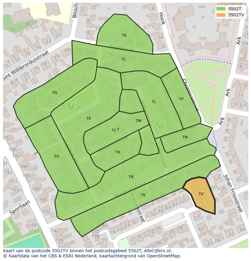 Afbeelding van het postcodegebied 5502 TV op de kaart.