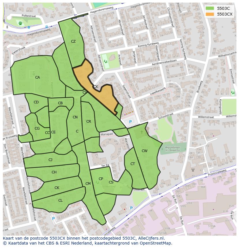 Afbeelding van het postcodegebied 5503 CX op de kaart.