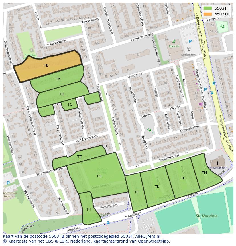 Afbeelding van het postcodegebied 5503 TB op de kaart.