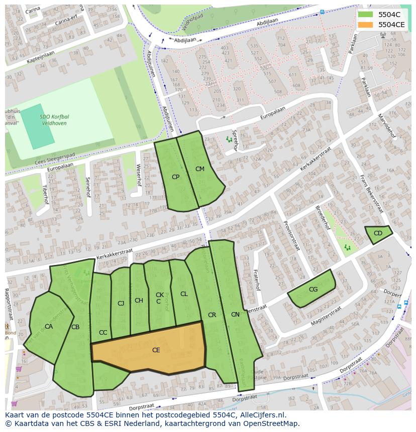 Afbeelding van het postcodegebied 5504 CE op de kaart.