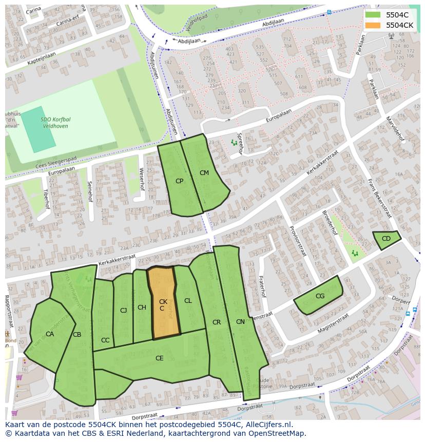 Afbeelding van het postcodegebied 5504 CK op de kaart.