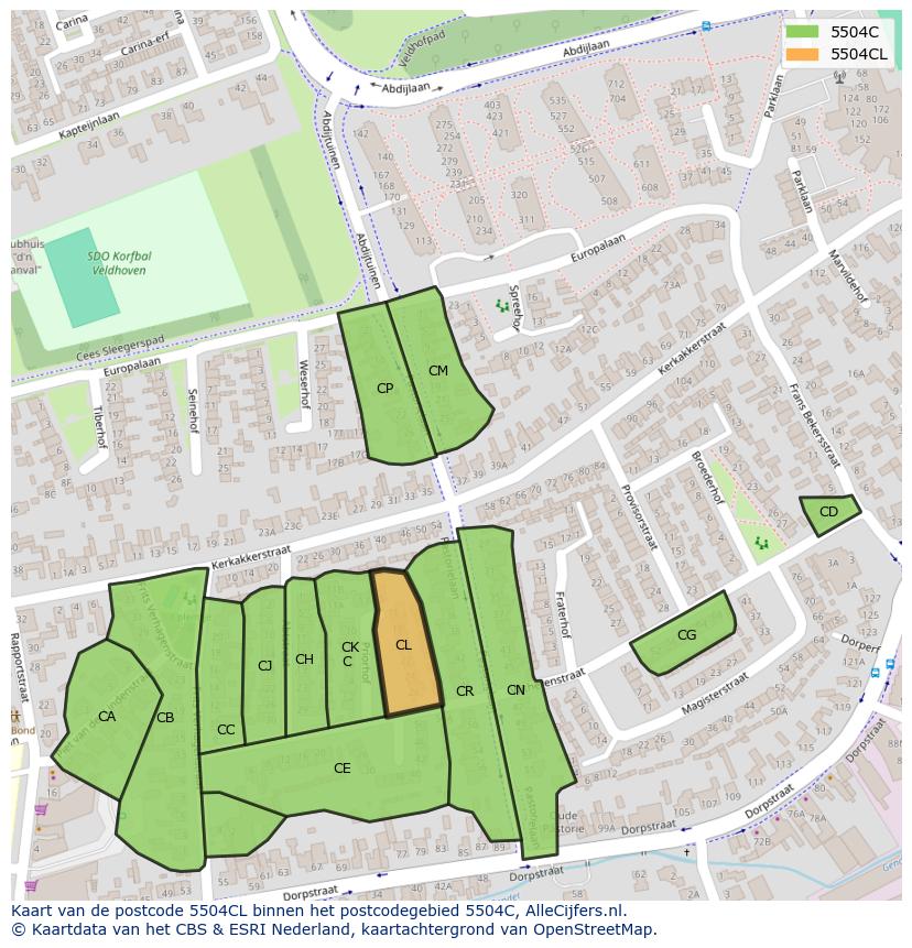 Afbeelding van het postcodegebied 5504 CL op de kaart.