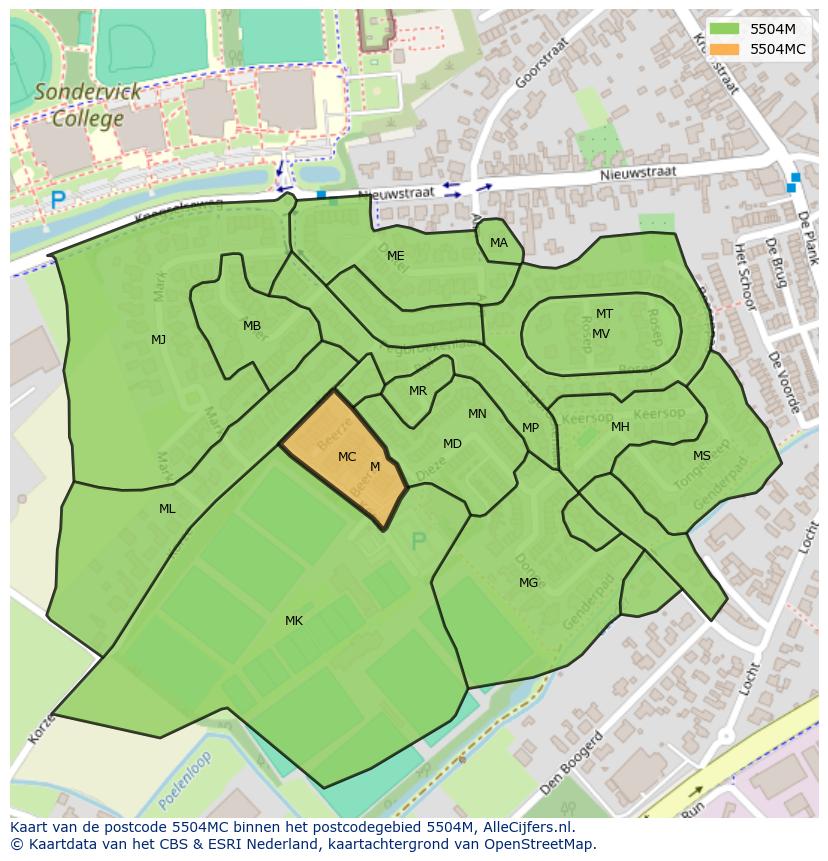 Afbeelding van het postcodegebied 5504 MC op de kaart.