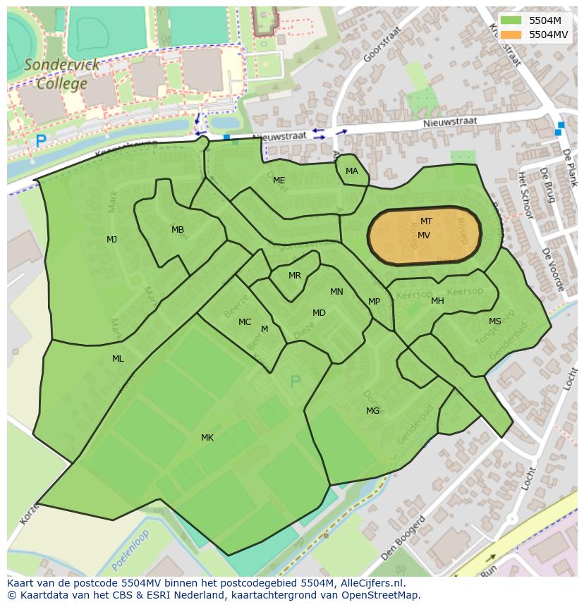 Afbeelding van het postcodegebied 5504 MV op de kaart.