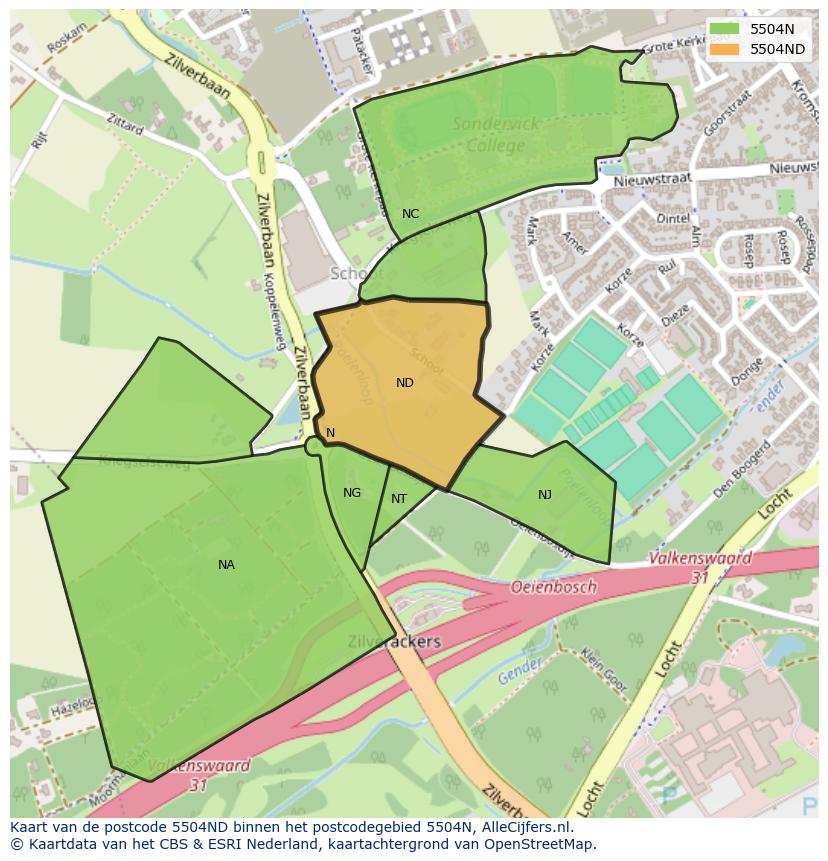 Afbeelding van het postcodegebied 5504 ND op de kaart.