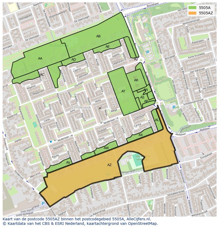 Afbeelding van het postcodegebied 5505 AZ op de kaart.