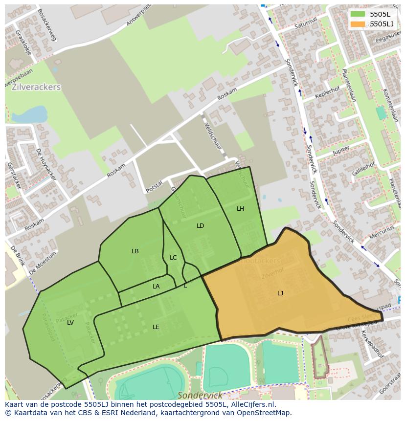 Afbeelding van het postcodegebied 5505 LJ op de kaart.