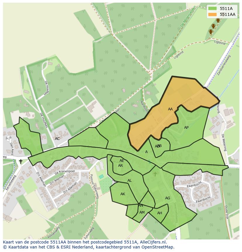 Afbeelding van het postcodegebied 5511 AA op de kaart.