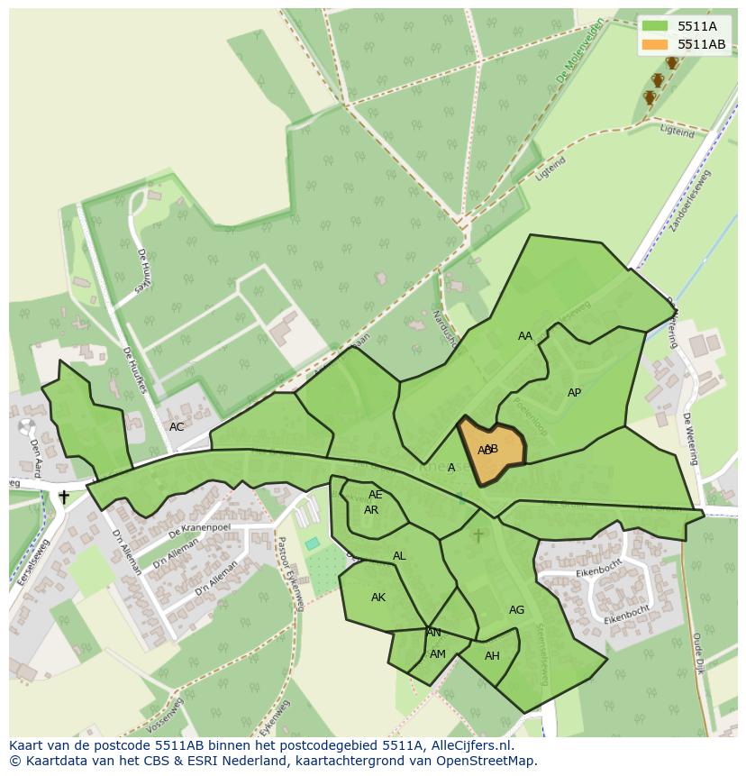 Afbeelding van het postcodegebied 5511 AB op de kaart.