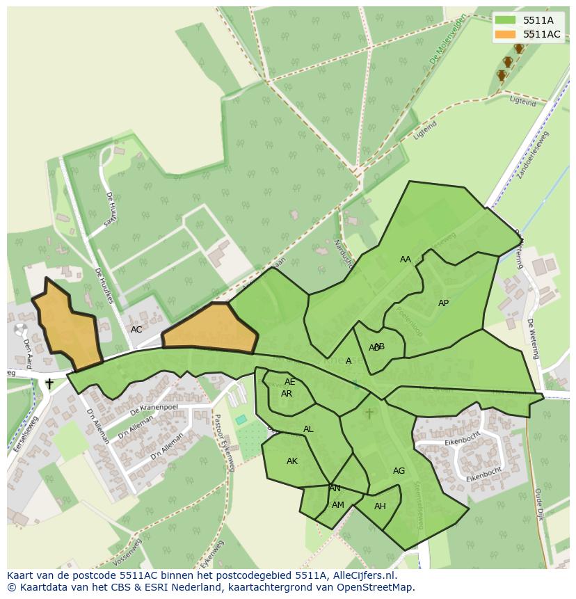 Afbeelding van het postcodegebied 5511 AC op de kaart.