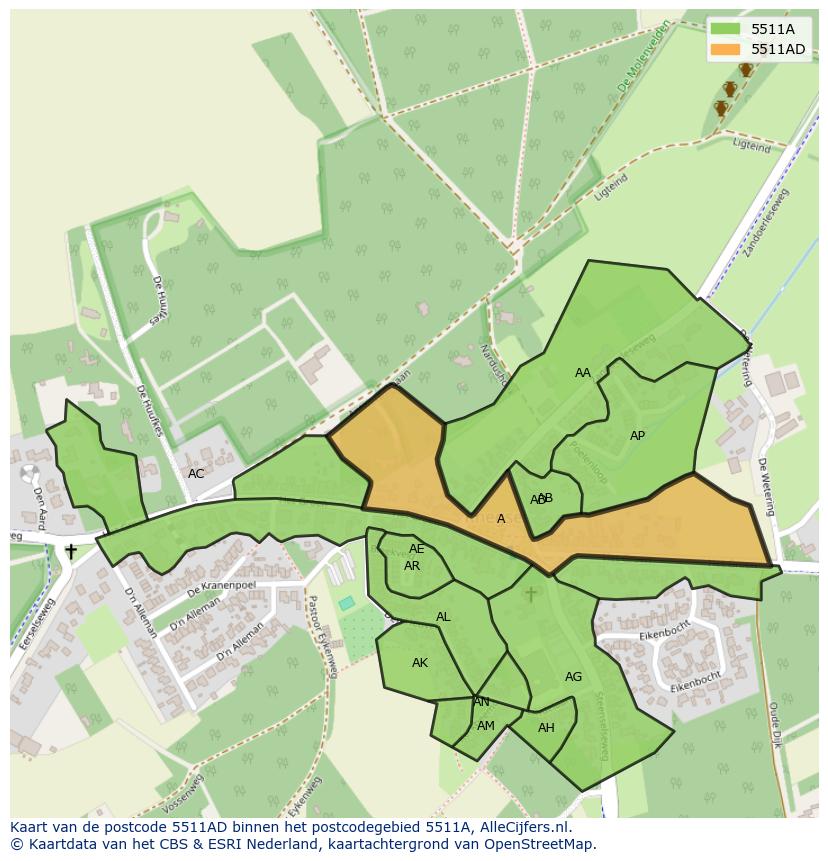 Afbeelding van het postcodegebied 5511 AD op de kaart.