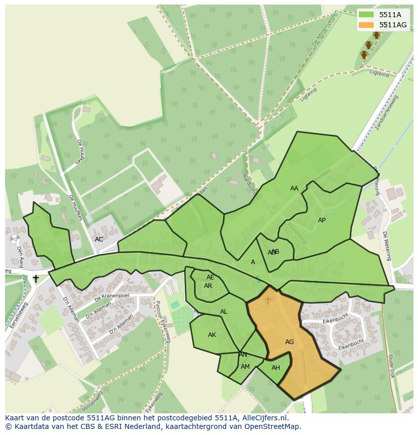 Afbeelding van het postcodegebied 5511 AG op de kaart.