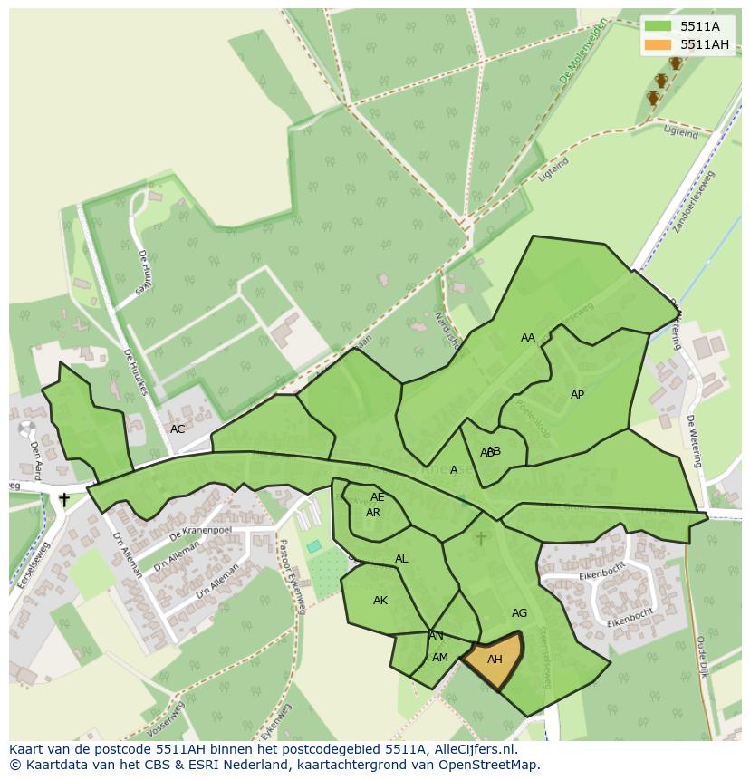 Afbeelding van het postcodegebied 5511 AH op de kaart.