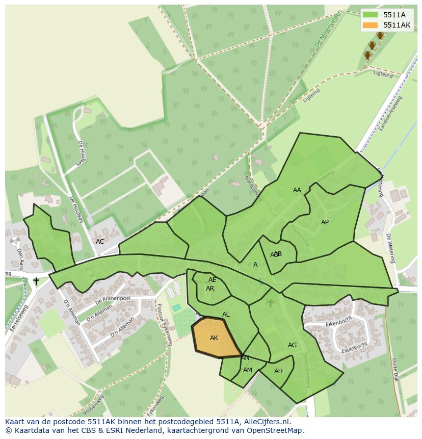 Afbeelding van het postcodegebied 5511 AK op de kaart.