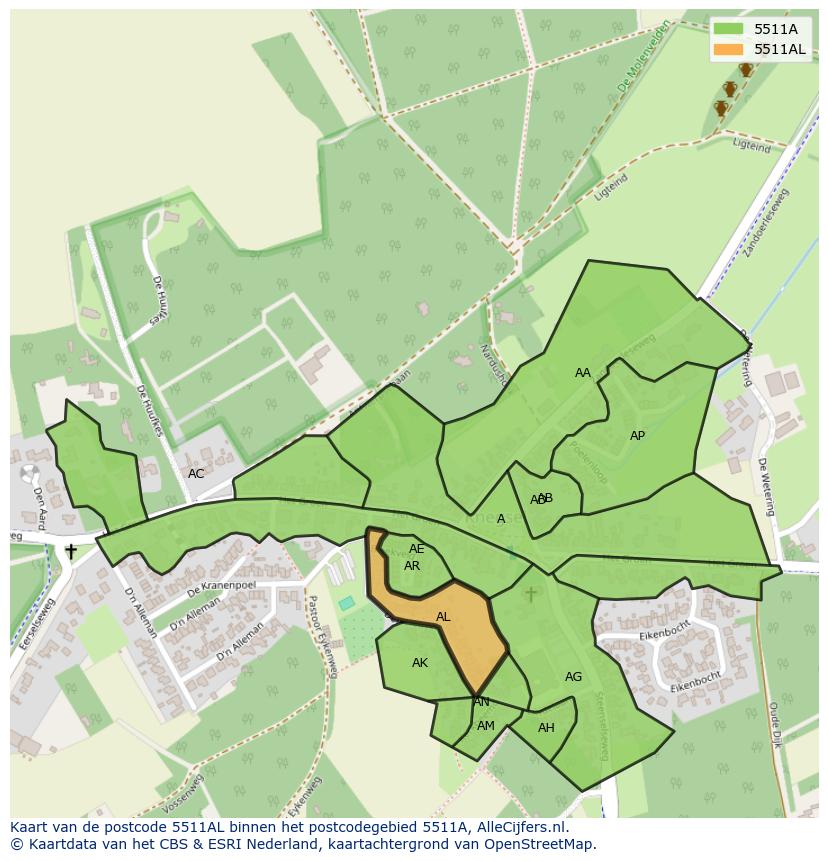Afbeelding van het postcodegebied 5511 AL op de kaart.