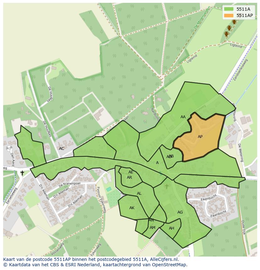 Afbeelding van het postcodegebied 5511 AP op de kaart.