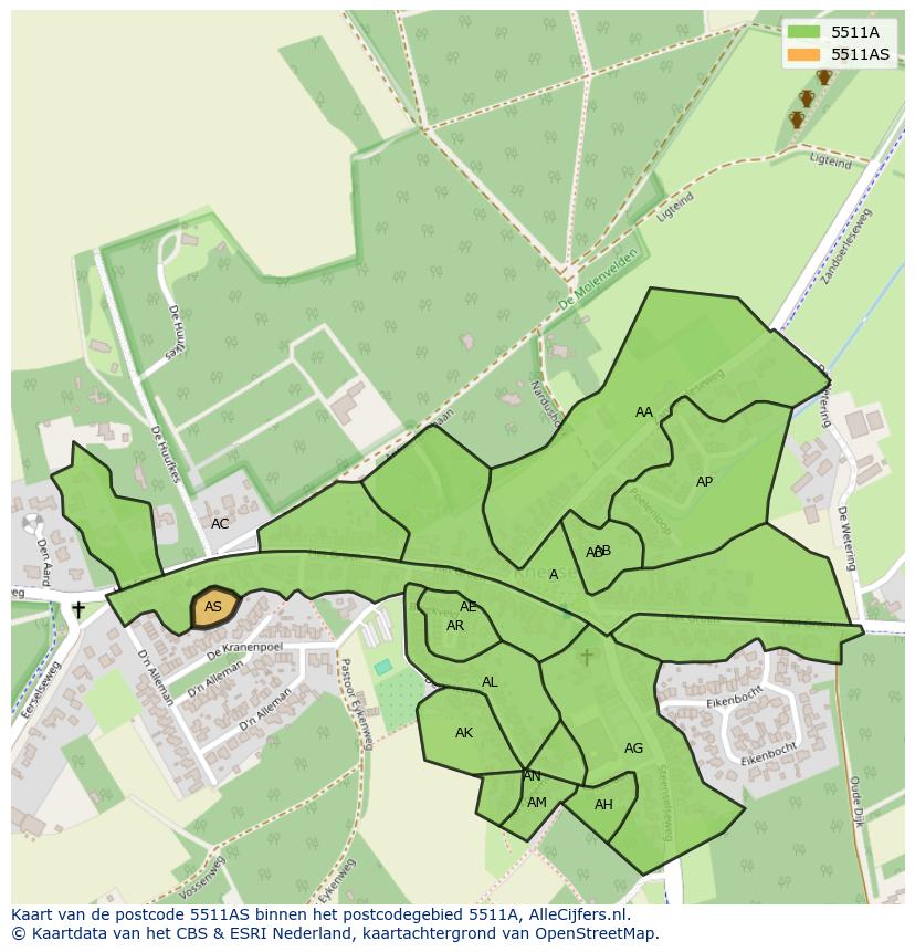 Afbeelding van het postcodegebied 5511 AS op de kaart.