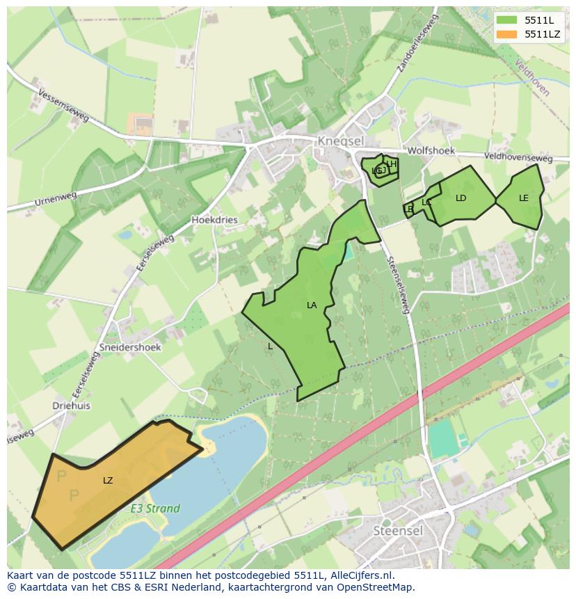 Afbeelding van het postcodegebied 5511 LZ op de kaart.
