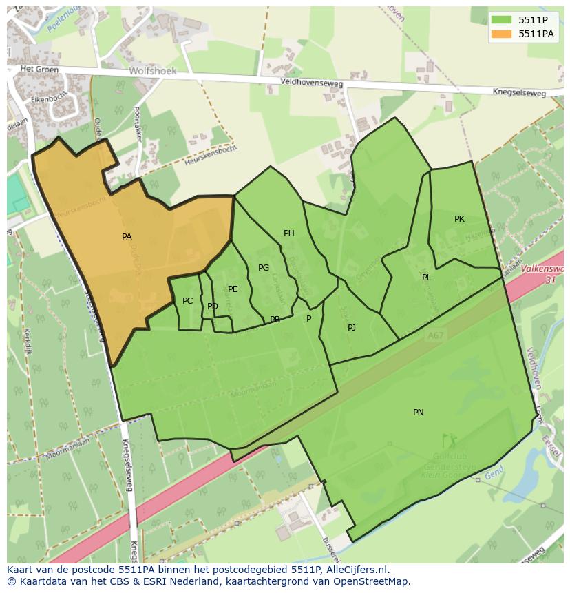 Afbeelding van het postcodegebied 5511 PA op de kaart.