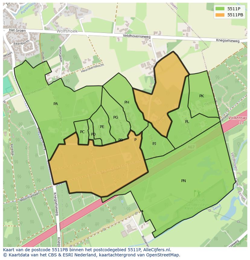 Afbeelding van het postcodegebied 5511 PB op de kaart.