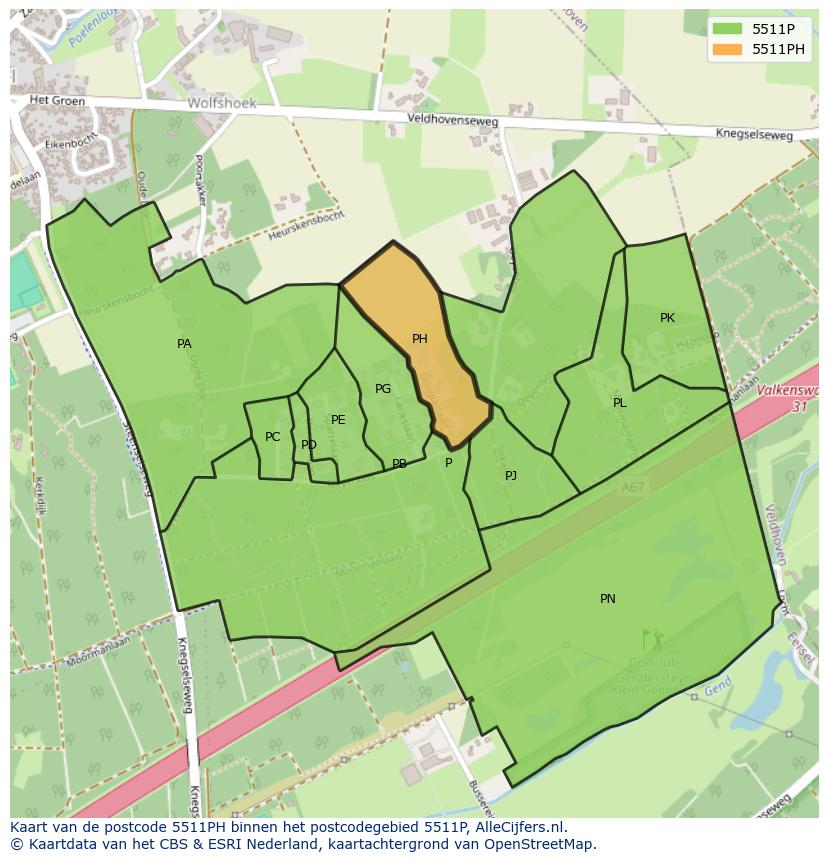 Afbeelding van het postcodegebied 5511 PH op de kaart.