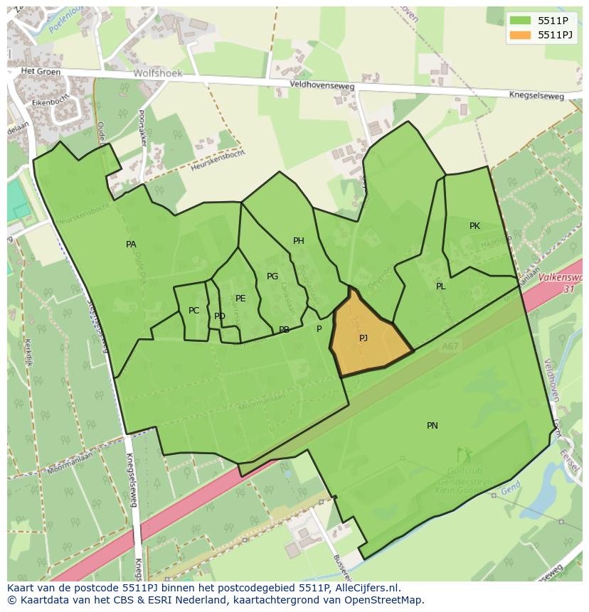 Afbeelding van het postcodegebied 5511 PJ op de kaart.
