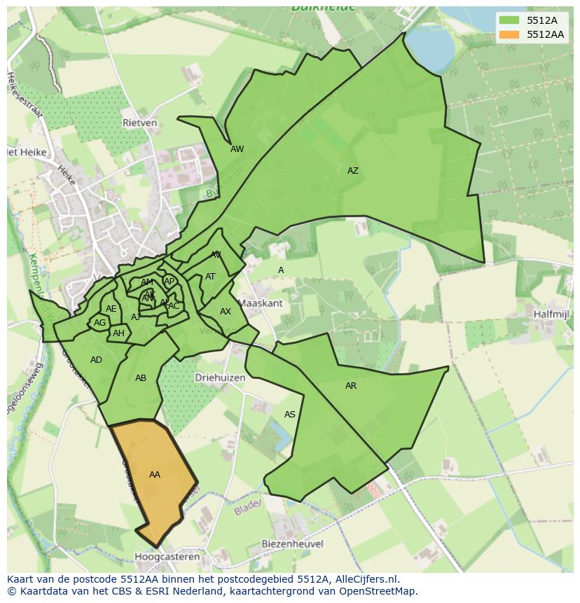 Afbeelding van het postcodegebied 5512 AA op de kaart.