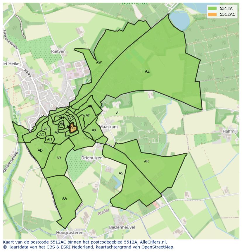 Afbeelding van het postcodegebied 5512 AC op de kaart.