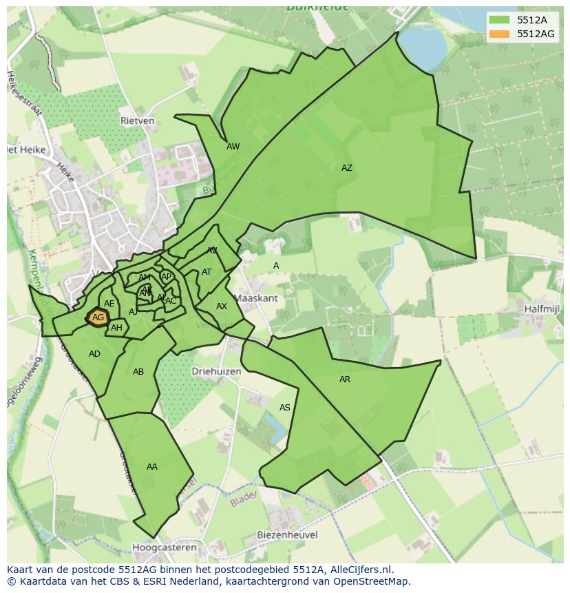 Afbeelding van het postcodegebied 5512 AG op de kaart.