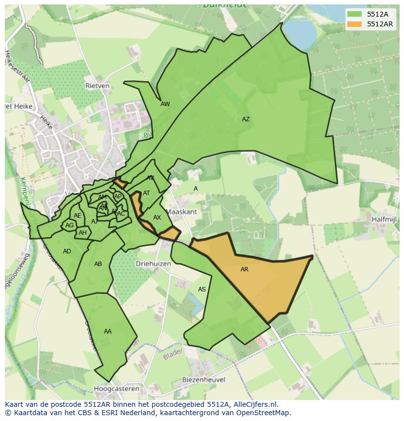 Afbeelding van het postcodegebied 5512 AR op de kaart.