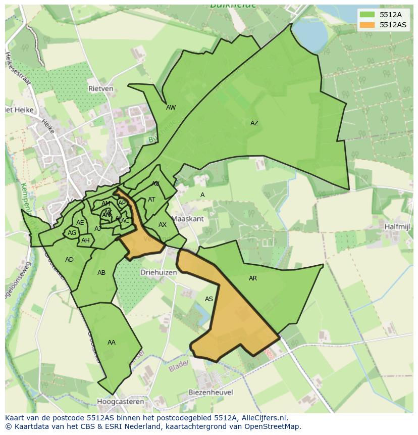 Afbeelding van het postcodegebied 5512 AS op de kaart.