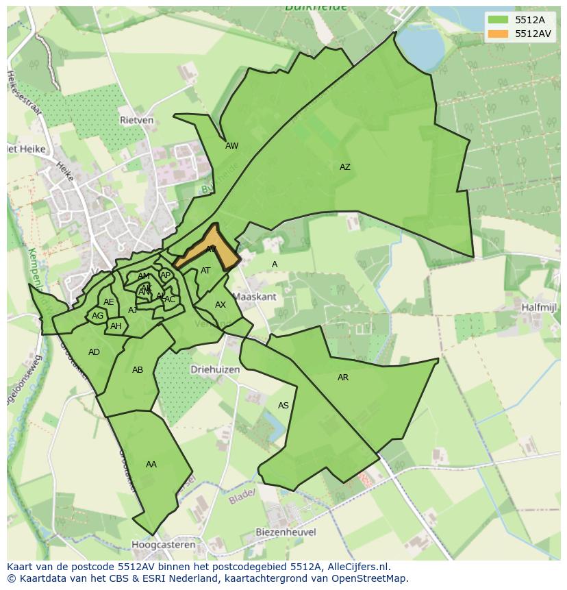 Afbeelding van het postcodegebied 5512 AV op de kaart.