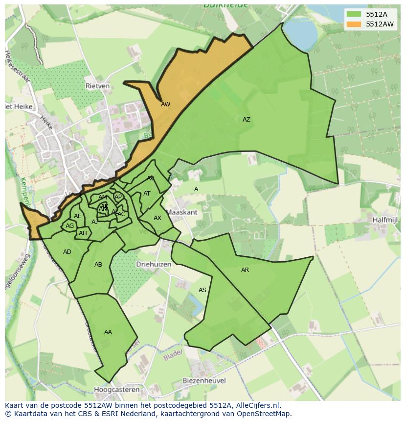 Afbeelding van het postcodegebied 5512 AW op de kaart.