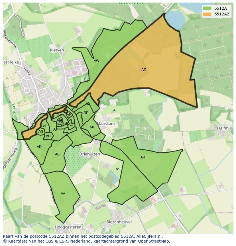 Afbeelding van het postcodegebied 5512 AZ op de kaart.